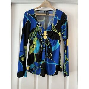 Bisou Bisou Tunic Shirt Top Women's Small Bold Y2K Boho Festival Retro Bell